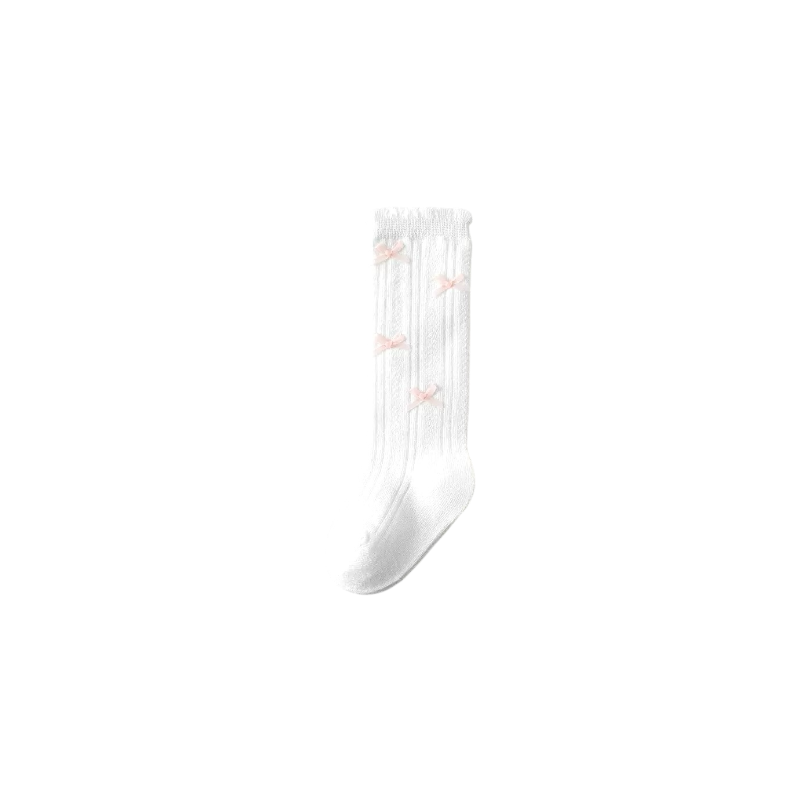 White knee-high cotton baby socks with ribbed texture and bow