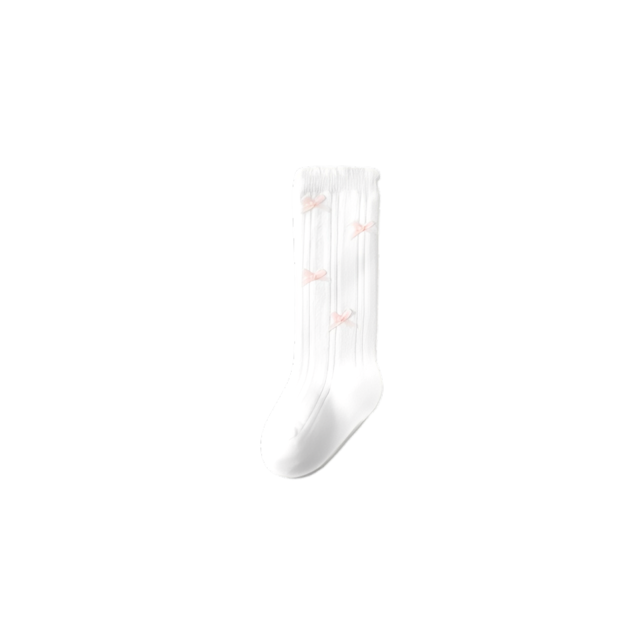 White knee-high cotton baby socks with ribbed texture and bow