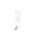 White knee-high cotton baby socks with ribbed texture and bow