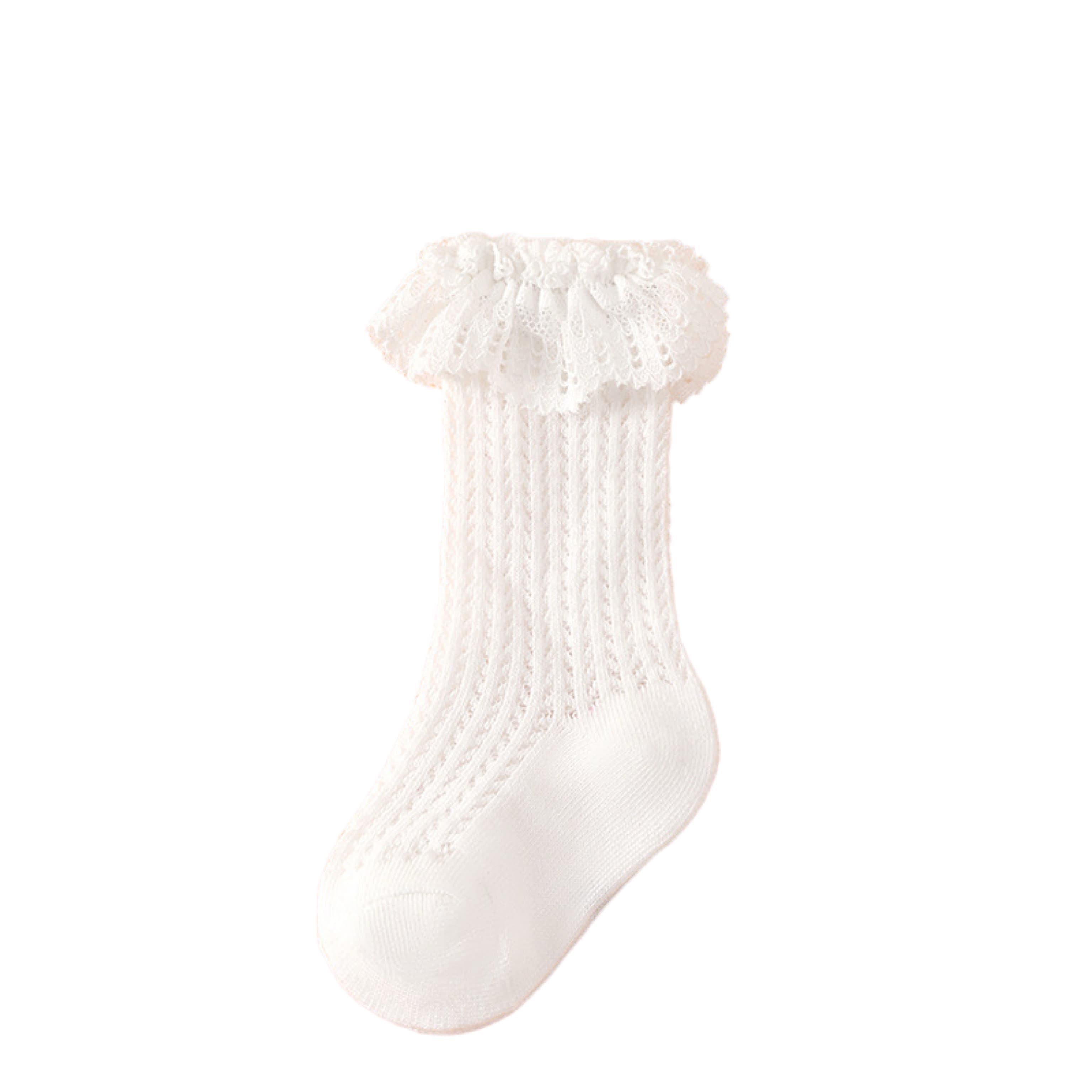 White lace edge infant socks with soft cotton mesh design.