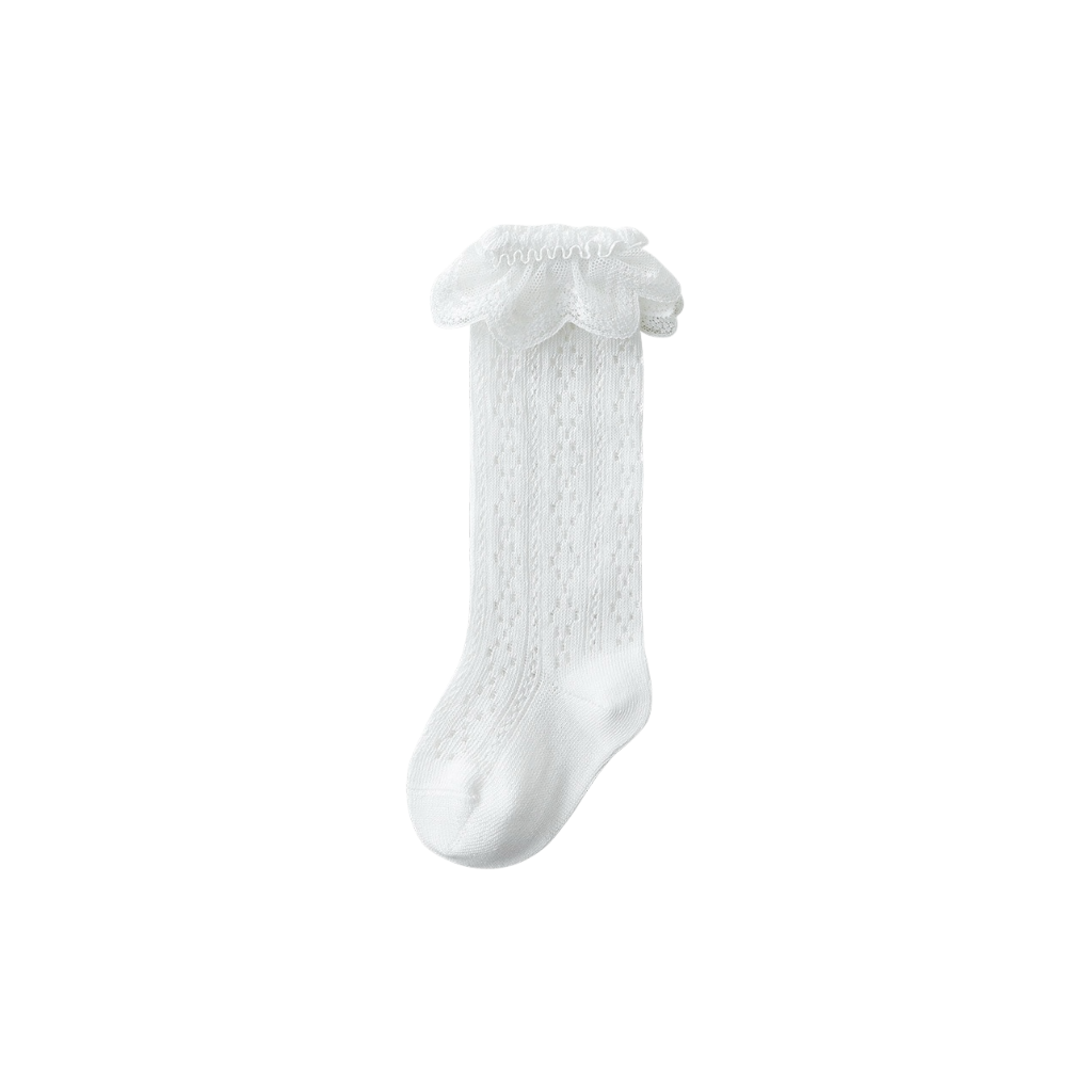 White lace knit baby socks for girls – soft cotton design with breathable openwork and delicate lace trim.