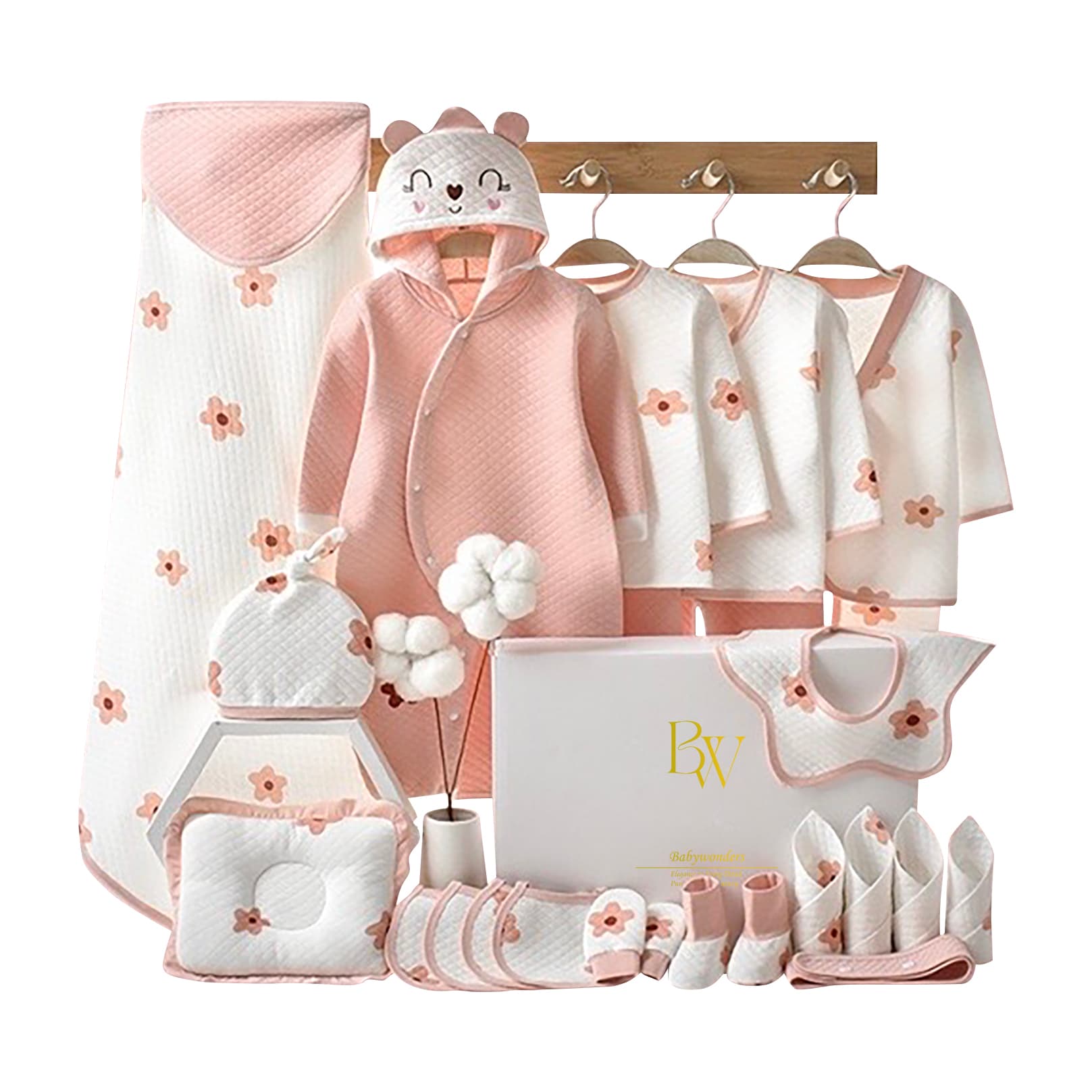 Winter baby gift set 24 pieces, cozy pink newborn essentials box, warm cotton baby clothes set, baby shower gift