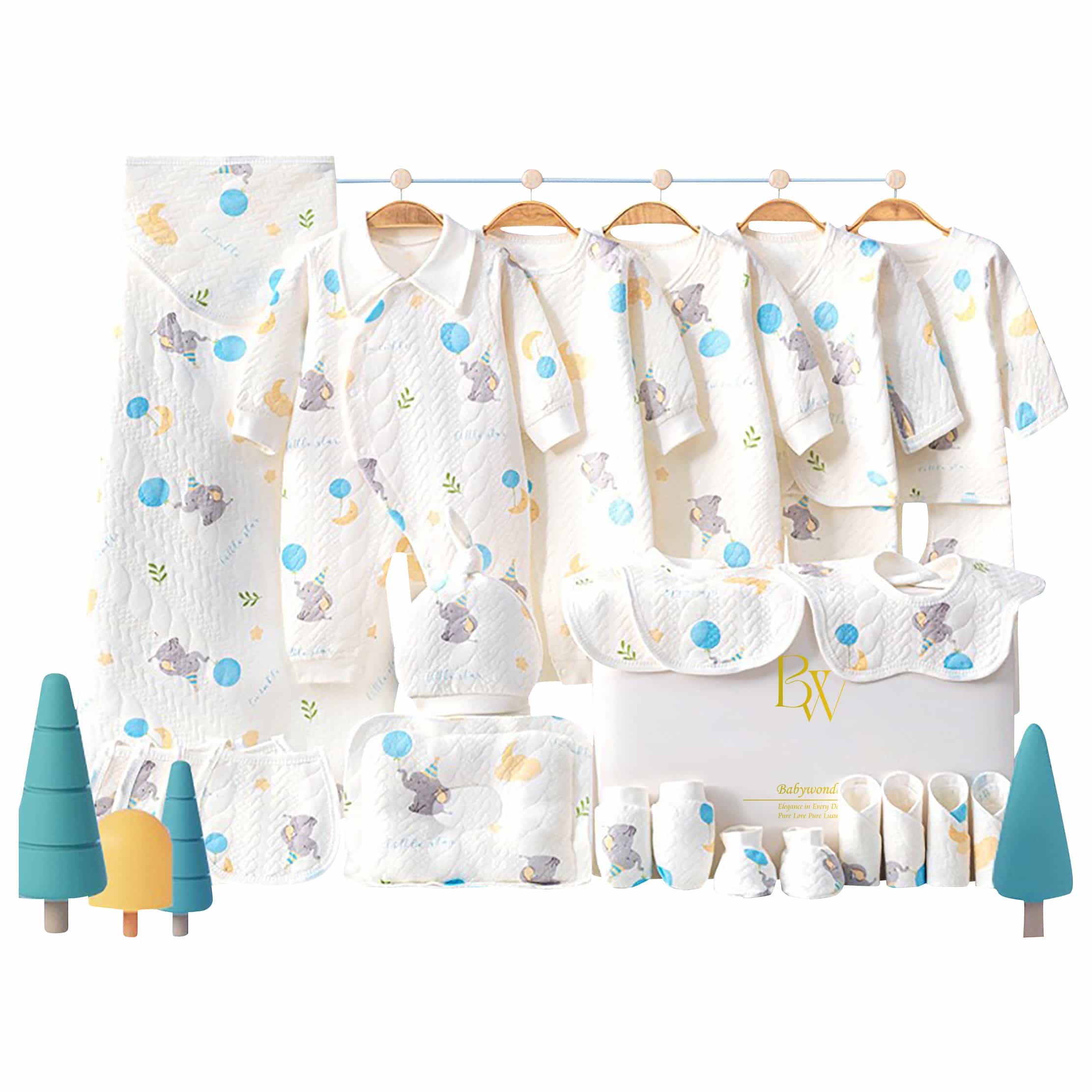 Winter baby gift set 26 pieces, blue elephant themed newborn essentials box, cozy cotton baby clothes set, baby shower gift