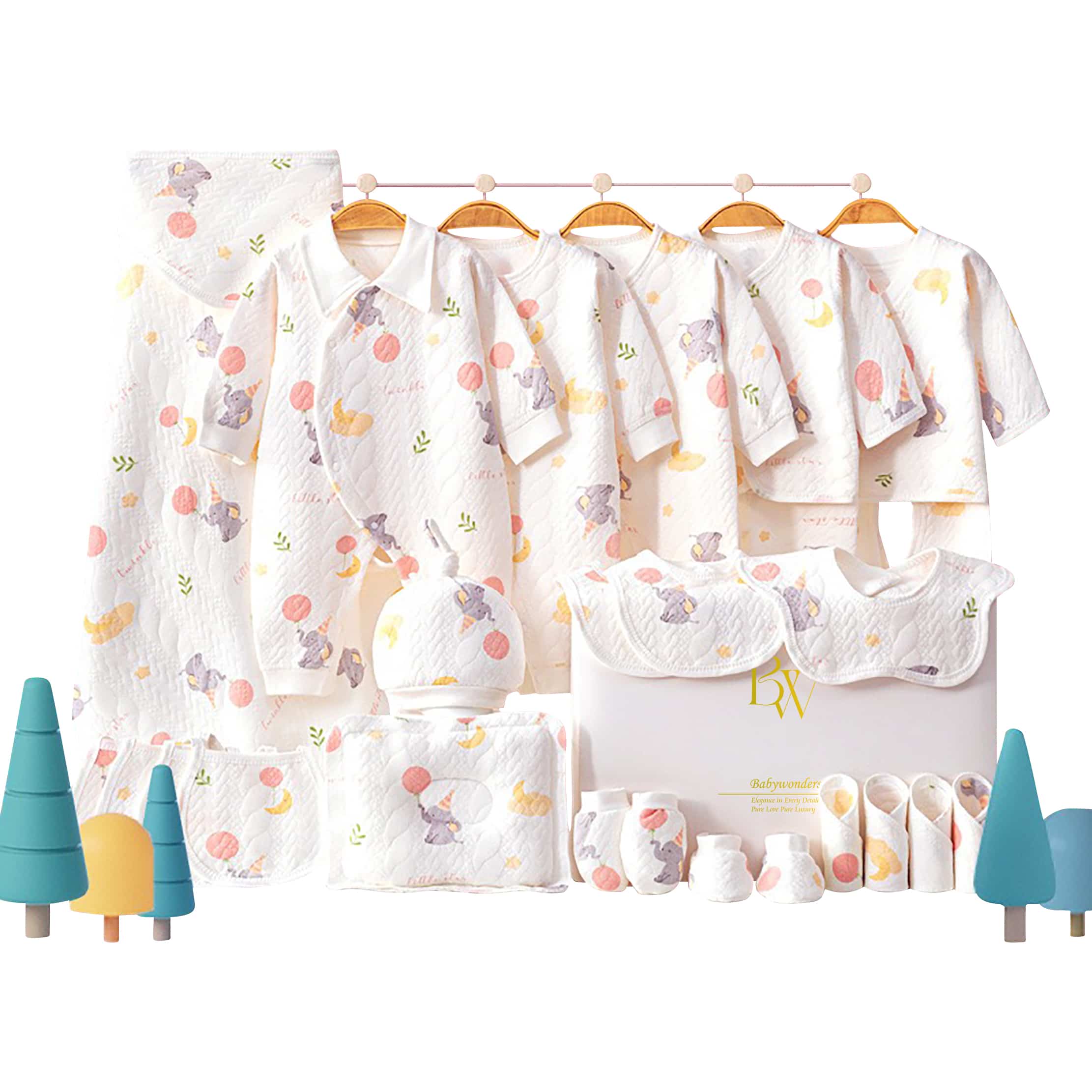 Winter baby gift set 26 pieces, pink elephant themed newborn essentials box, cozy cotton baby clothes set, baby shower gift