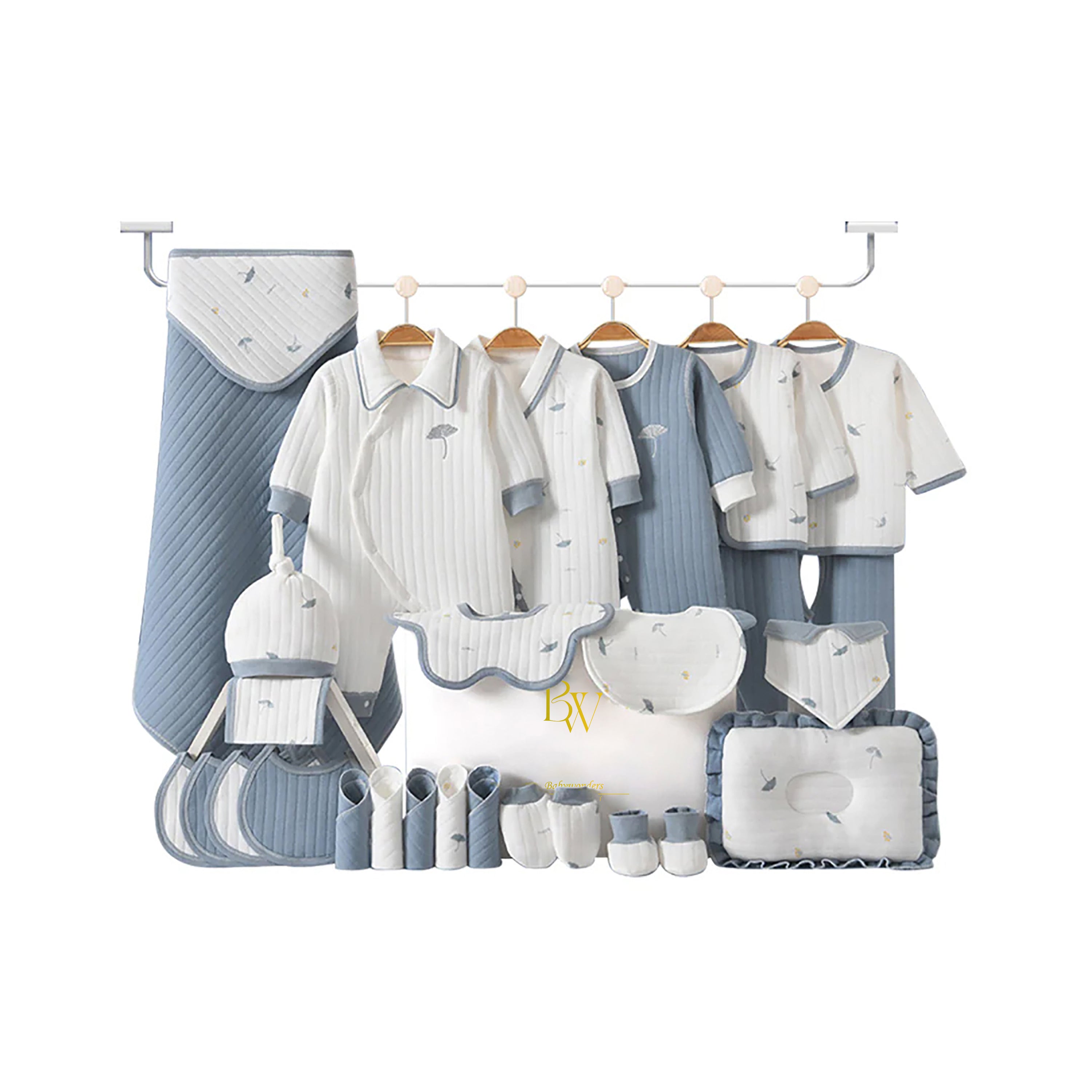 Winter baby gift set 28 pieces, light greyish blue winter warmers newborn essentials box, cozy cotton baby clothes set, baby shower gift
