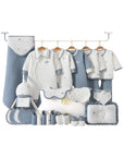 Winter baby gift set 28 pieces, light greyish blue winter warmers newborn essentials box, cozy cotton baby clothes set, baby shower gift