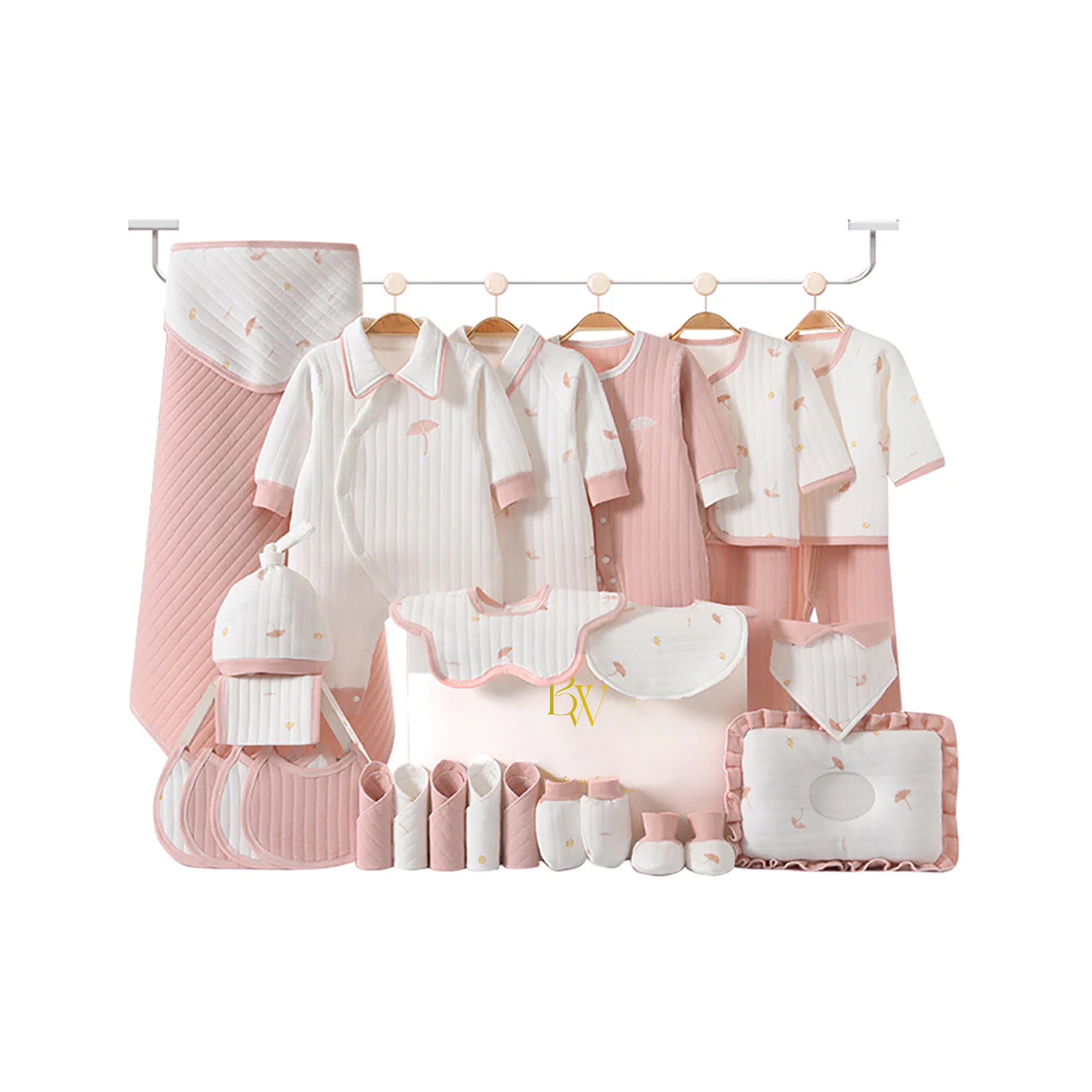 Winter baby gift set 28 pieces, pink winter warmers newborn essentials box, cozy cotton baby clothes set, baby shower gift