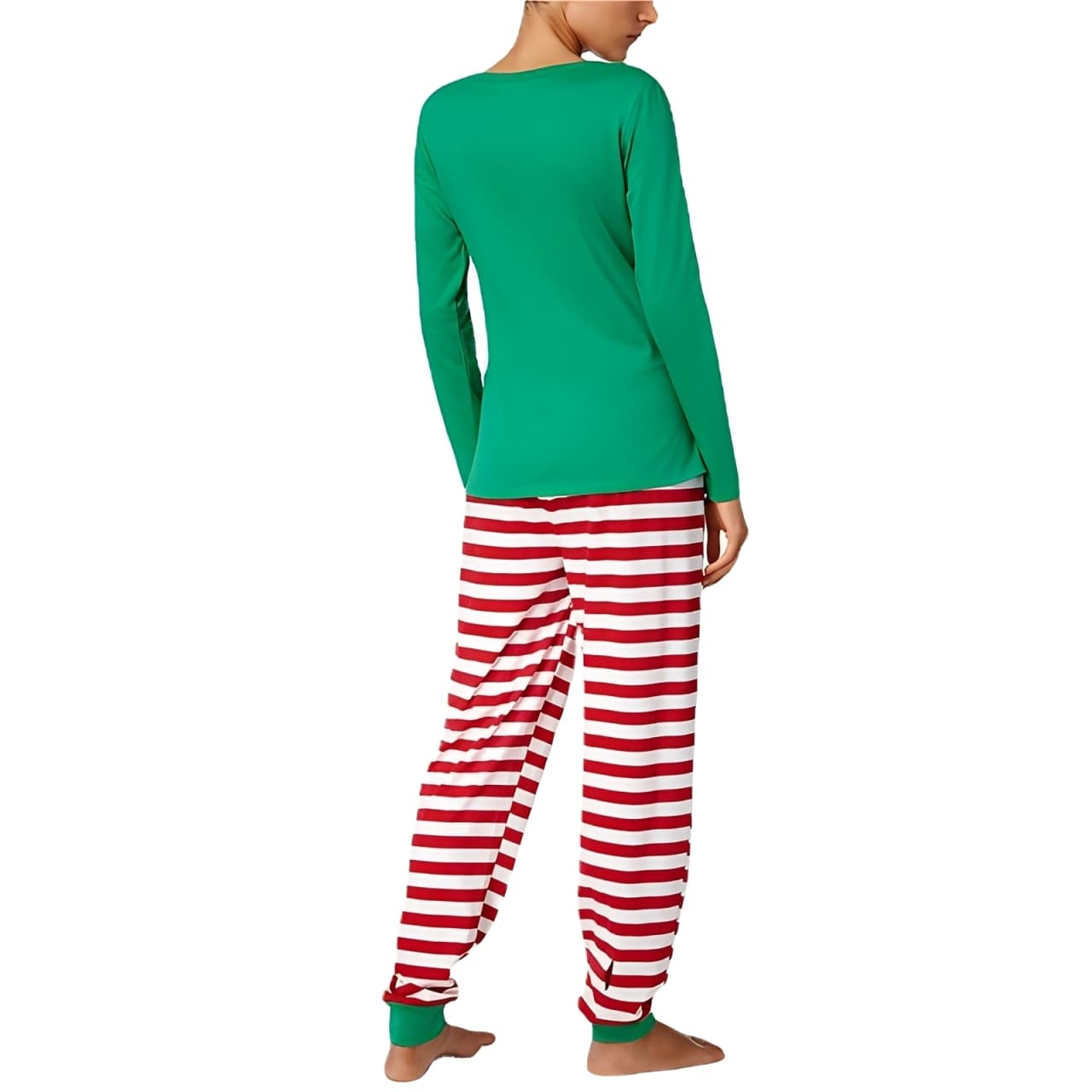 Women’s Christmas pajamas green long sleeve top and red white striped pants, back view