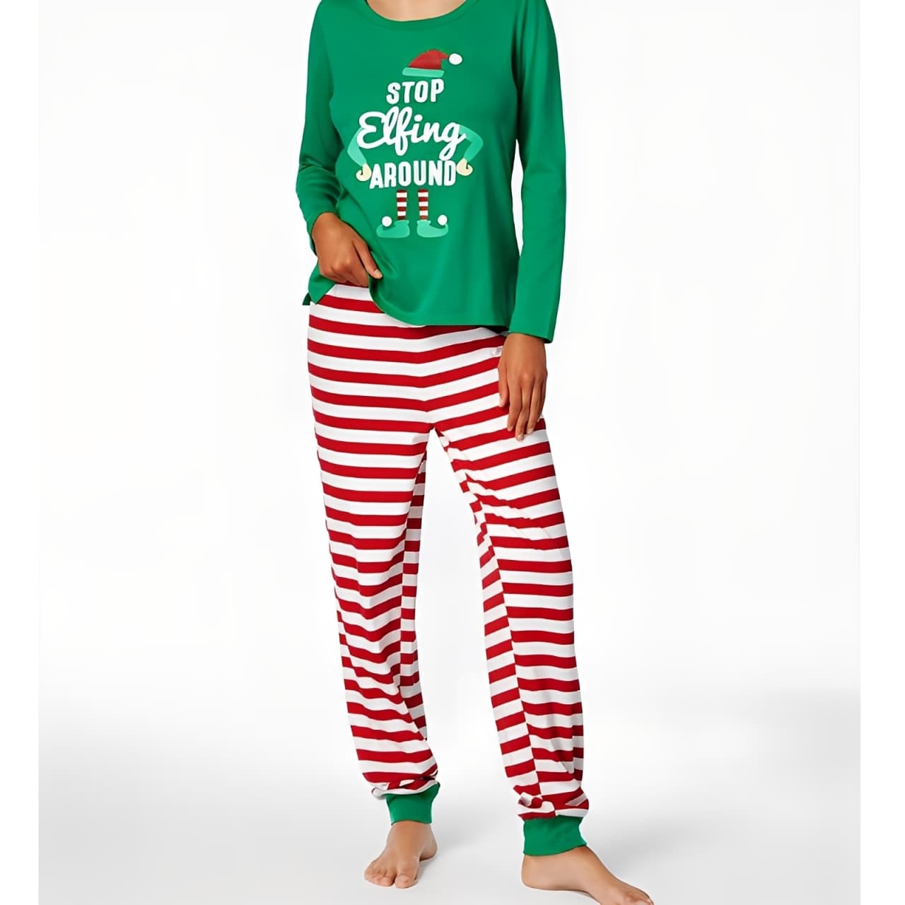 Women’s Christmas pajamas with green “Stop Elfing Around” top and red white striped pants, holiday sleepwear