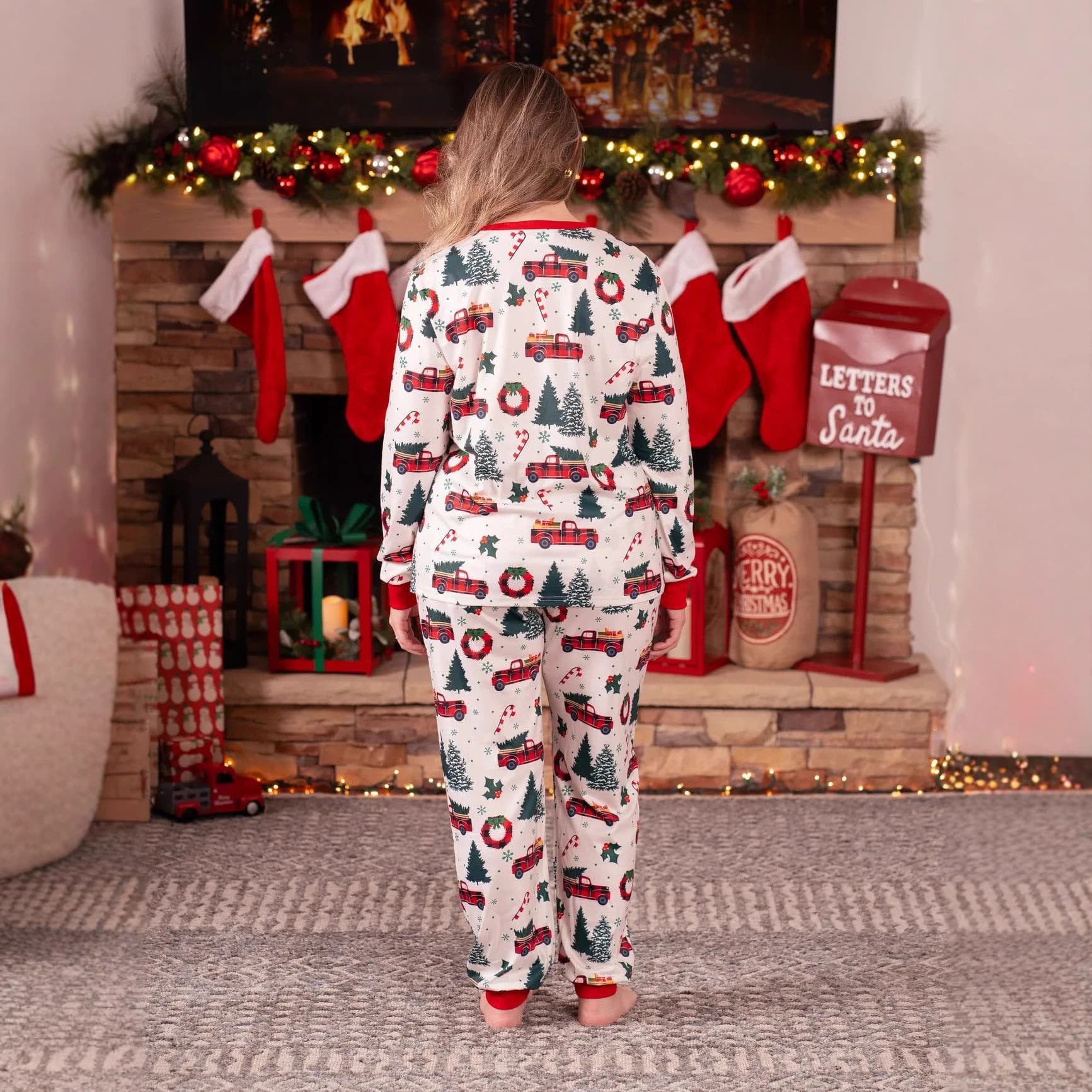 Women’s Christmas pajamas set with festive holiday tree and wreath pattern