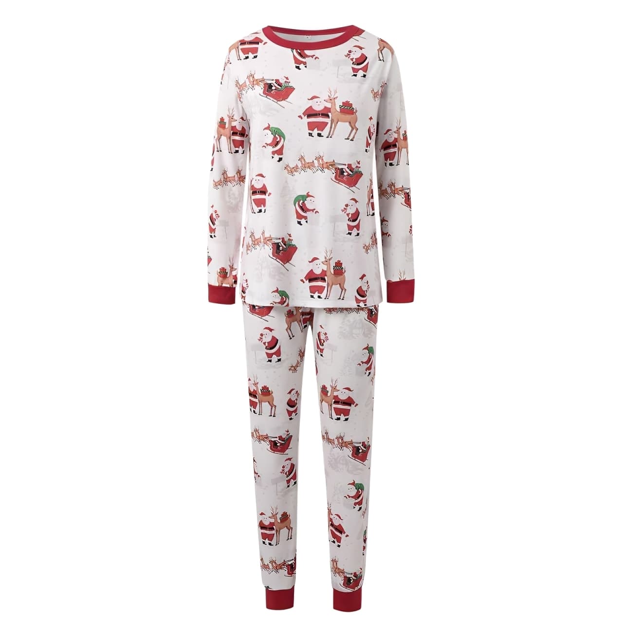 Women’s matching Christmas pajamas with Santa Claus and reindeer design, festive loungewear set.