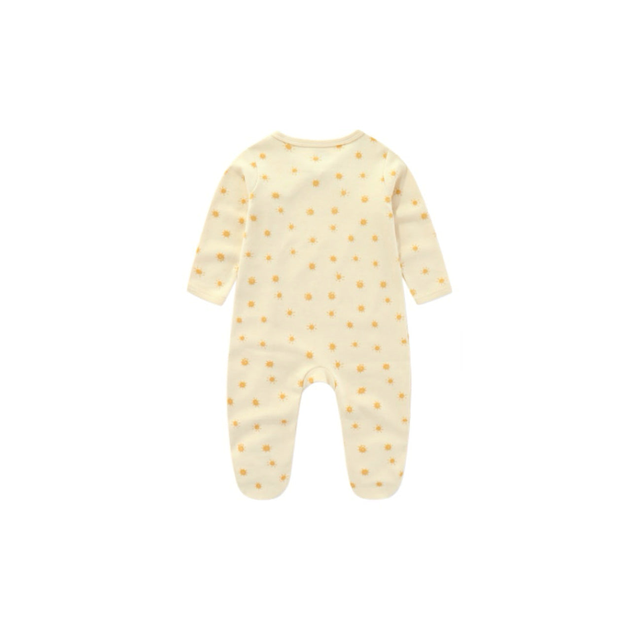 Yellow baby sleepsuit with small floral print back view in breathable cotton