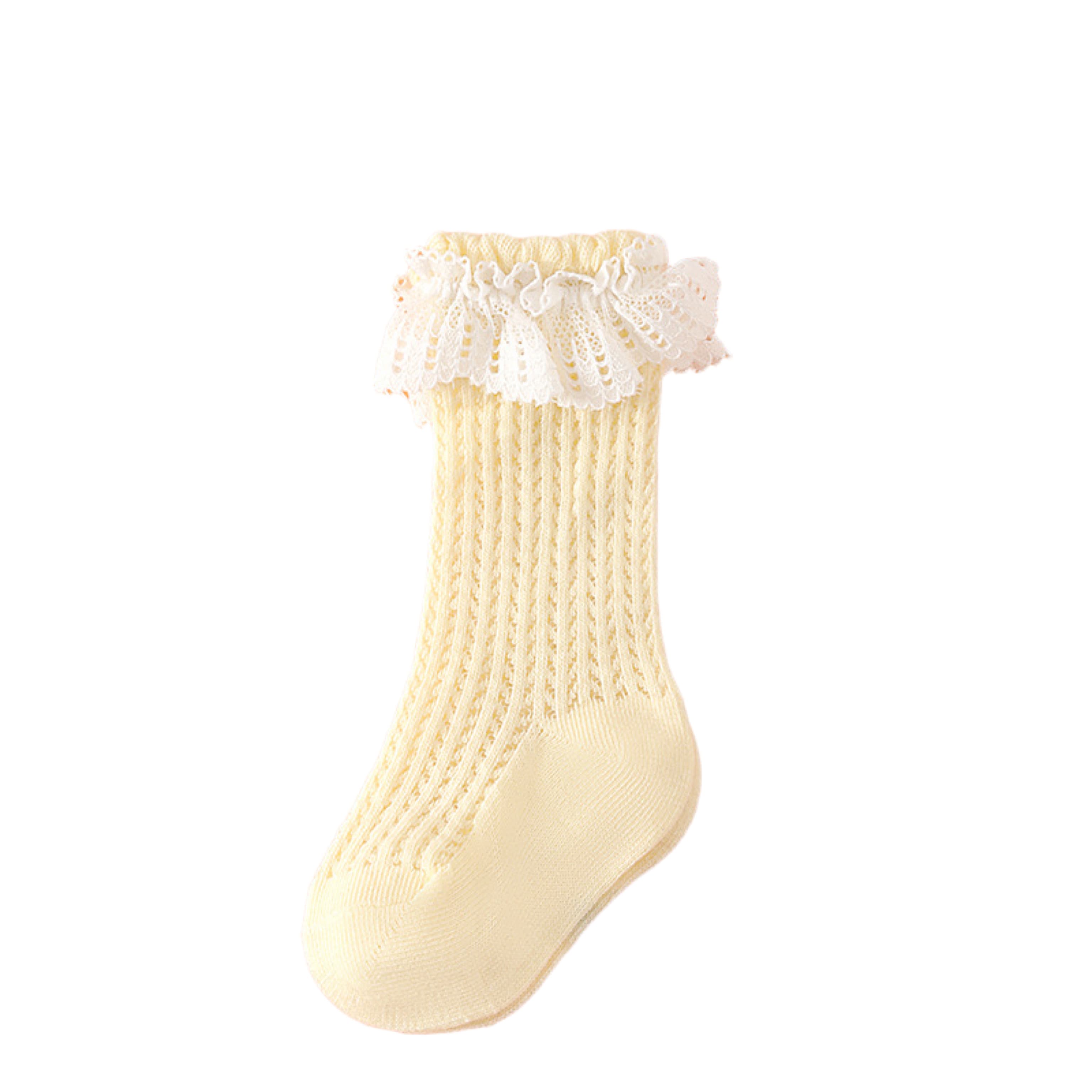 Delicate yellow lace trim baby socks for girls, breathable cotton knit.