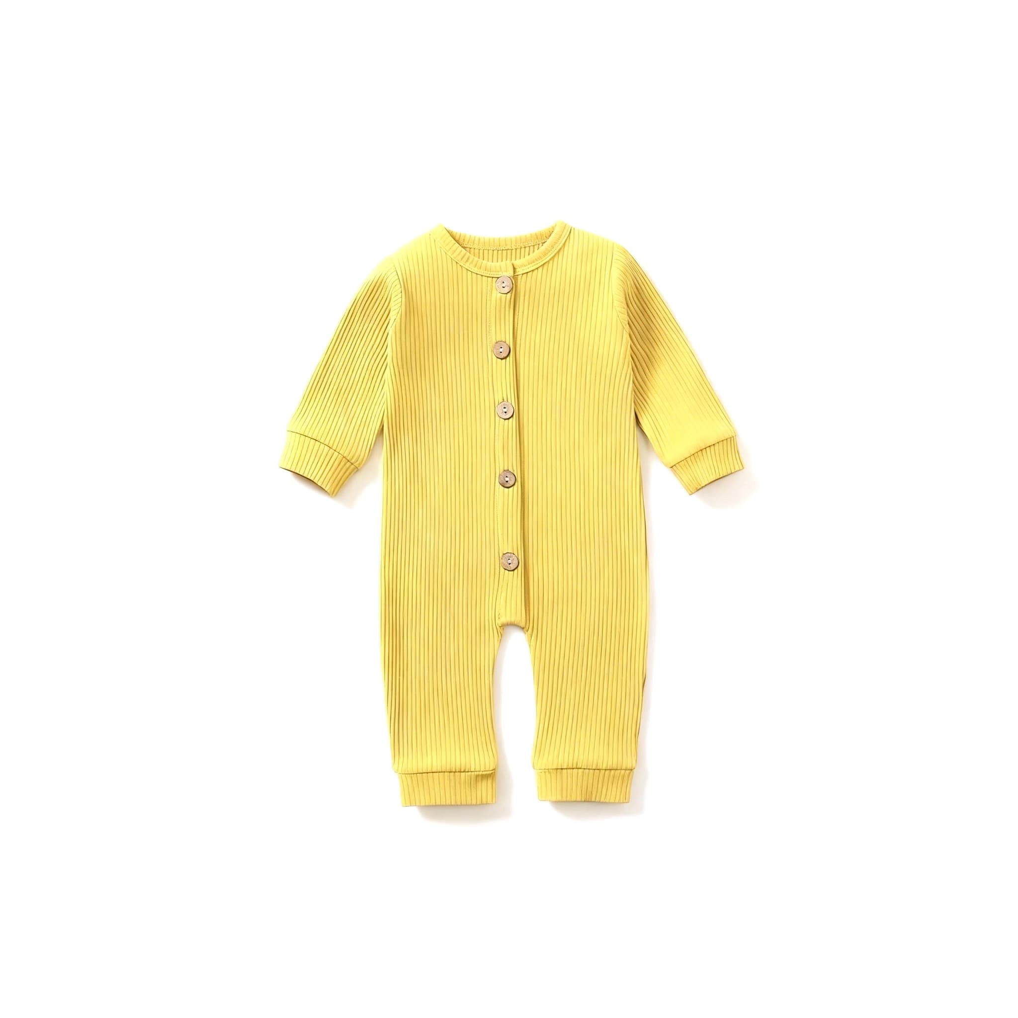 Front view of wheat yellow ribbed cotton baby romper featuring button front and long sleeves.