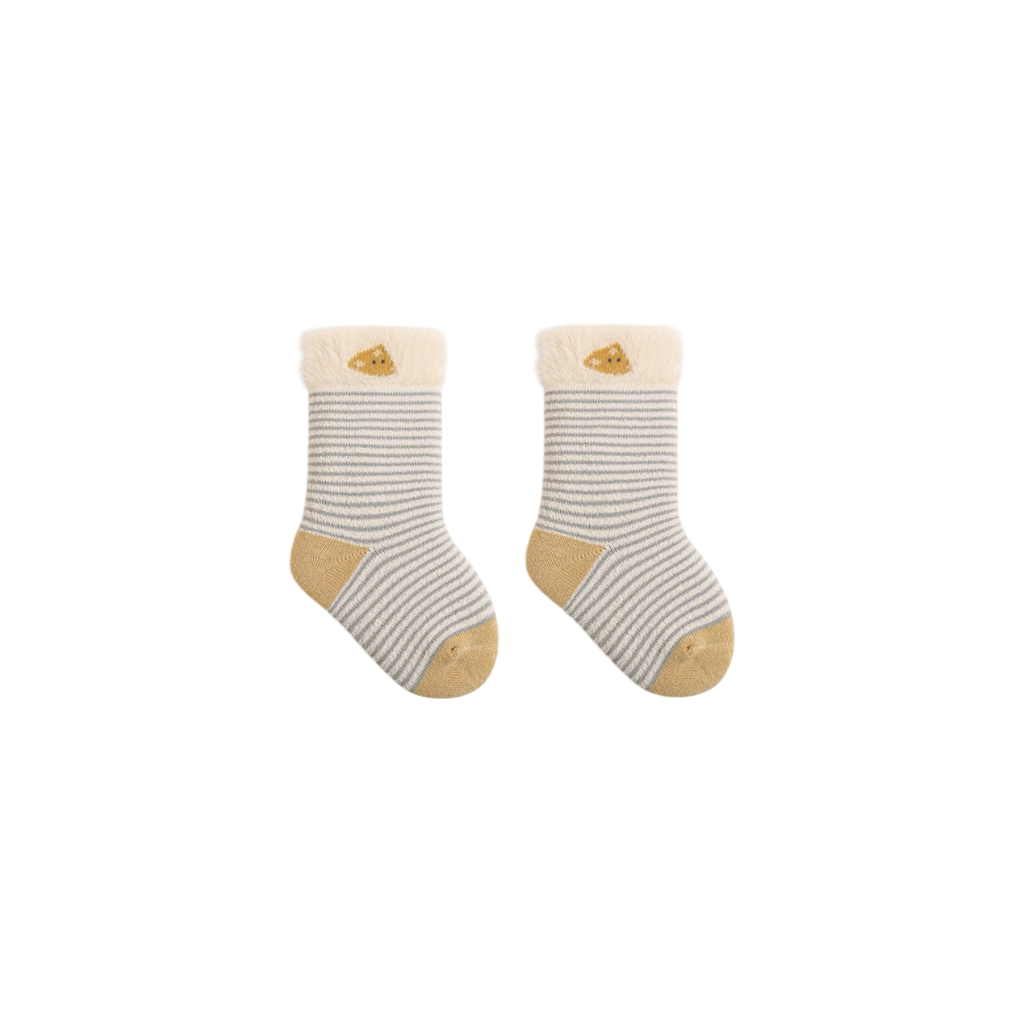 Yellow and cream striped baby socks with bear embroidery – cute and cozy mid-calf design